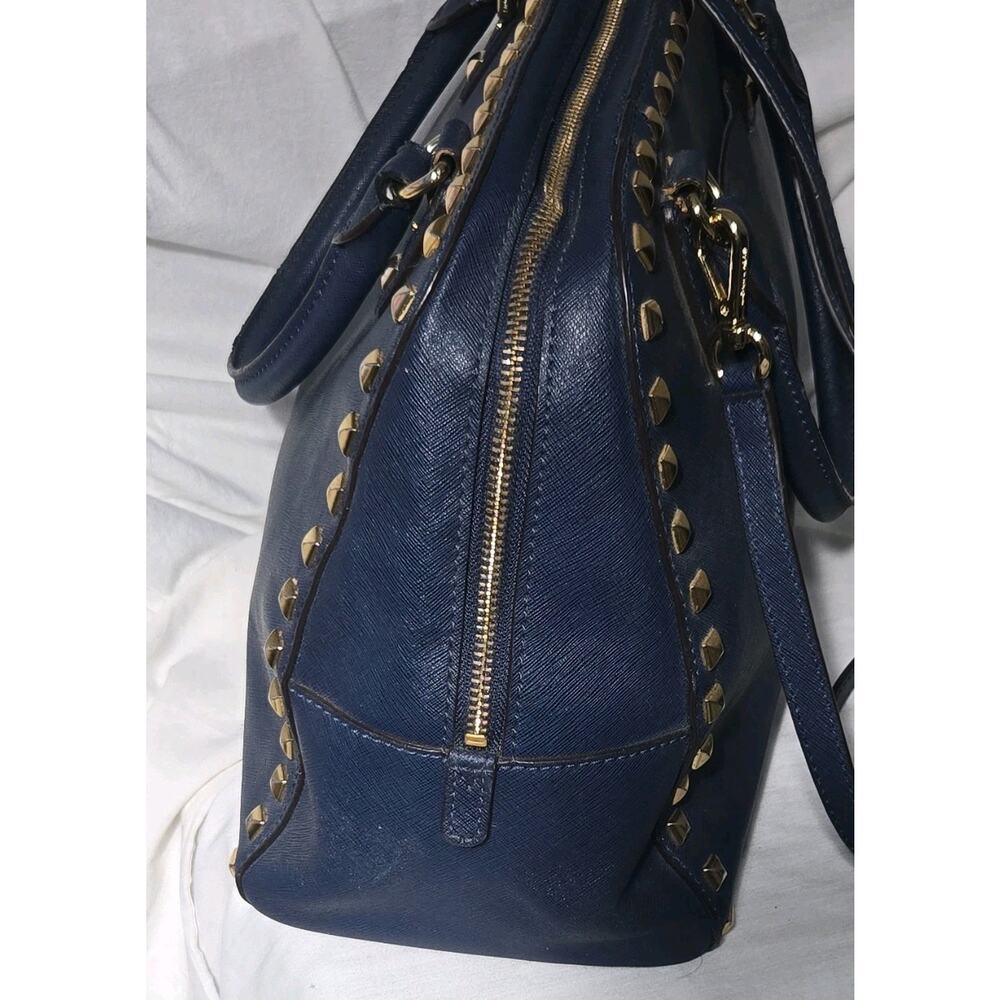 Michael Kors Navy Saffiano Leather Studded Satchel Bag Top Zip Large - Picture 6 of 14